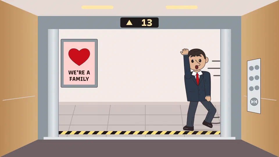 Inside an office lift with its doors open on the lobby. The panel shows floor 13, and a manager in a red tie runs across the lobby towards the doors.