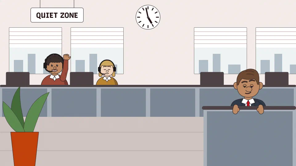 An open-plan office under a sign reading Quiet zone: two coworkers in headsets sit behind the partitions on the left, one waving, and on the right a manager leans on a grey partition with one eyebrow up. A wall clock reads 4:58.