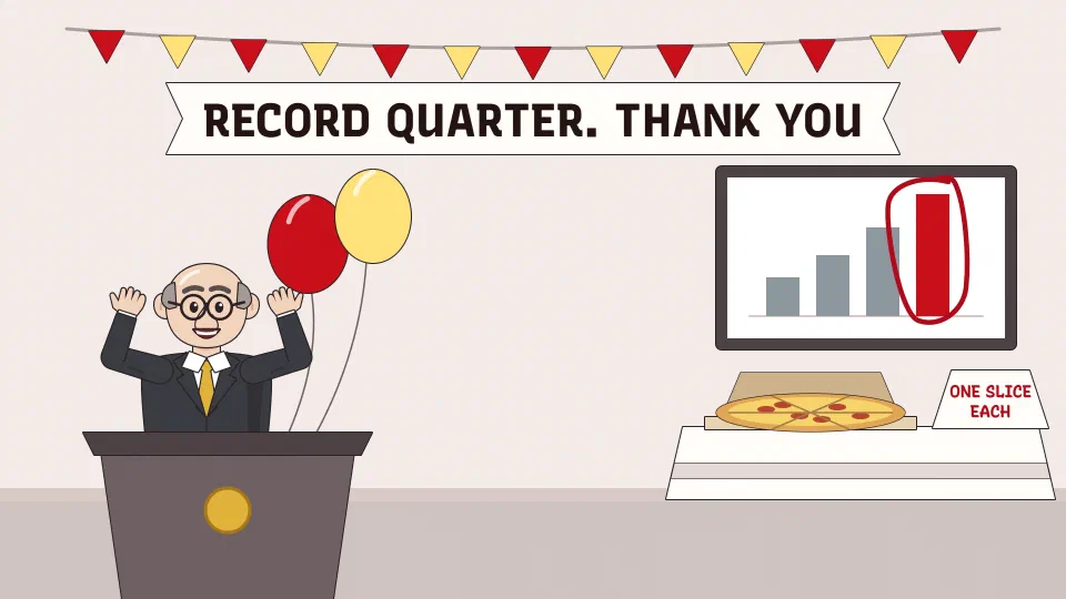 An all-hands stage with a banner reading Record quarter, thank you, a lectern, two balloons and a folding table holding one pizza box.