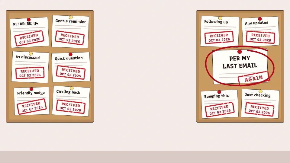 Two cork boards covered in memos with subject lines such as Gentle reminder and Circling back, each stamped RECEIVED in red at its own angle. The biggest reads Per my last email, ringed in red pen and stamped AGAIN.